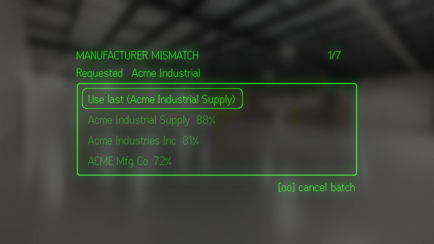 Through the glasses: a manufacturer mismatch prompt listing candidate manufacturers with match percentages and a cancel-batch hint.