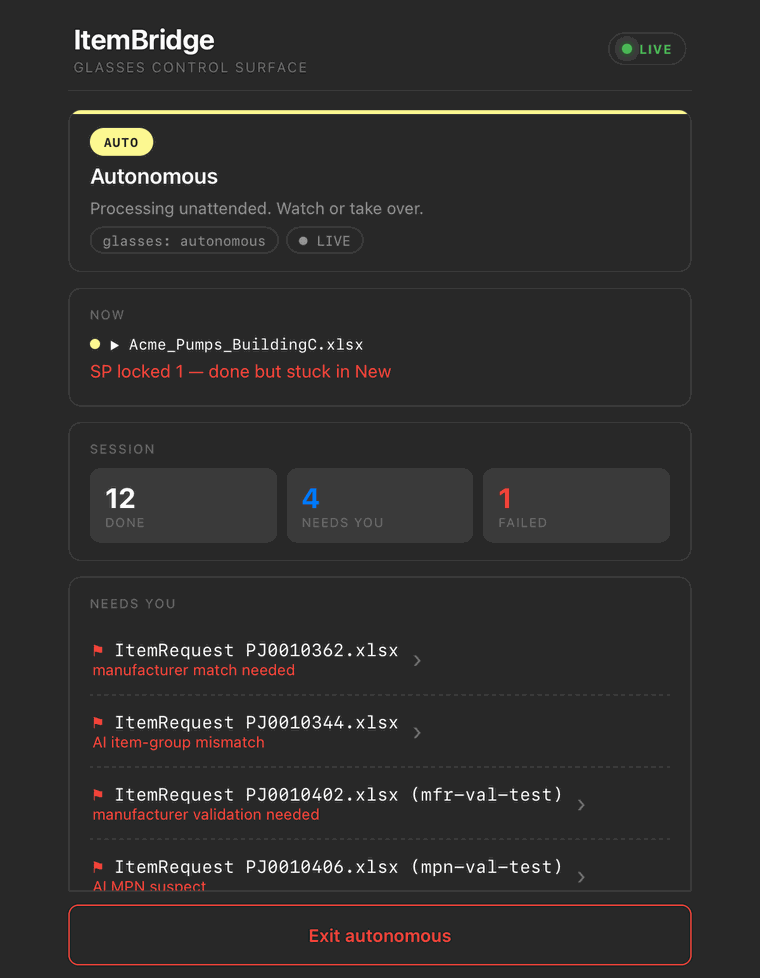 The phone companion showing the autonomous session: current file, session tiles for done, needs-you and failed, and a list of deferred requests with reasons.